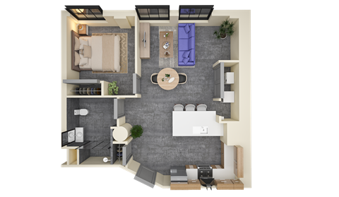 Floor plan for 1 bed, 1 bath, 834 sqft